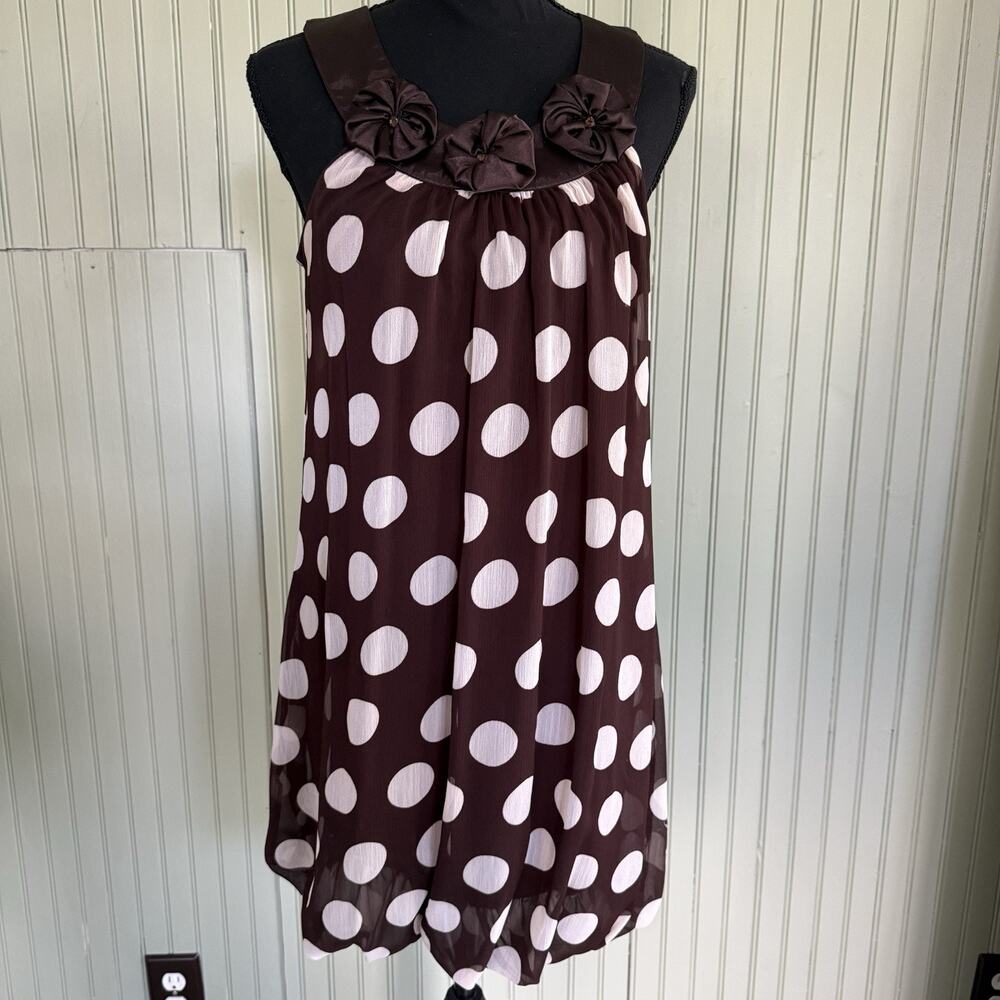 Vtg Y2K Bubble Hem Polka Dot Chiffon Mini Dress Medium Brown Lined Coquette 2000